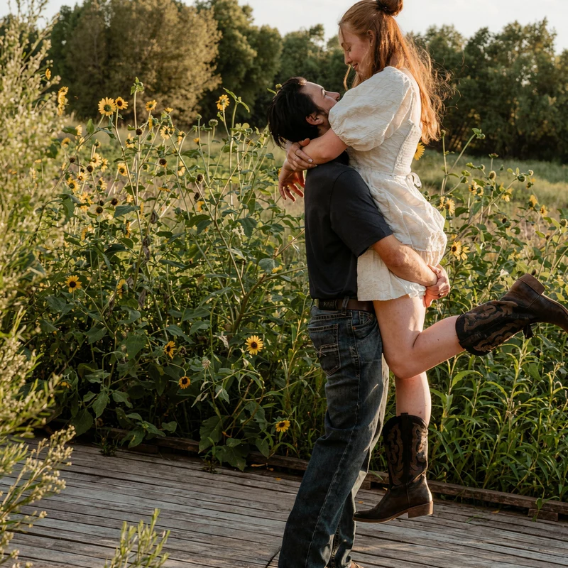 Collin lifting Abby on a sunny boardwalk